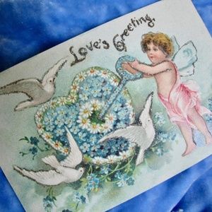 Love's Greeting ... cherub w key to your heart, antique Victorian postcard